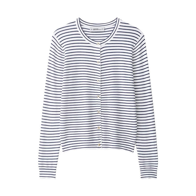 Women's fine knit cardigan with nautical striped pattern, round neckline and mother-of-pearl button placket Mune Fashion