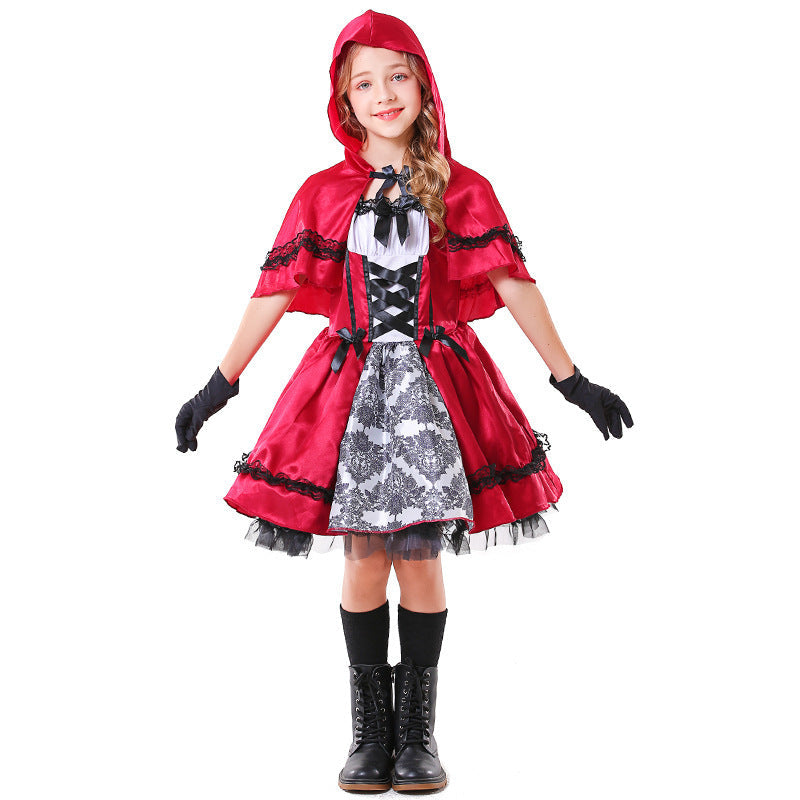 Girls Fairy Tale Little Red Riding Hood Costume with Elegant Tulle Skirt and Detail-Loving Cape Mune Fashion