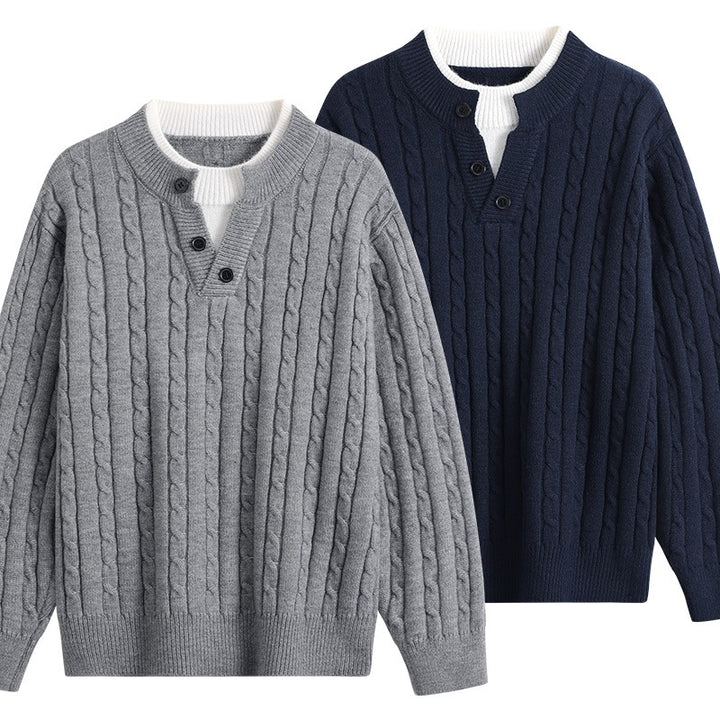 Women Oversize Cable Knit Pullover with Henley Collar and Contrast Inner Collar Mune Fashion