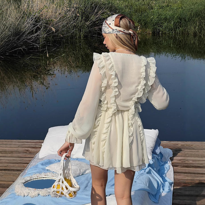 Ladies Romantic Chiffon Mini Dress with Ruffles and Lacing Detail Mune Fashion