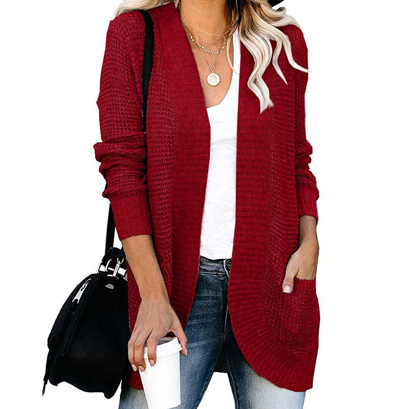 Women Long Open Knit Cardigan with Pockets, Ribbed Cuffs and Structured Waffle Look Mune Fashion