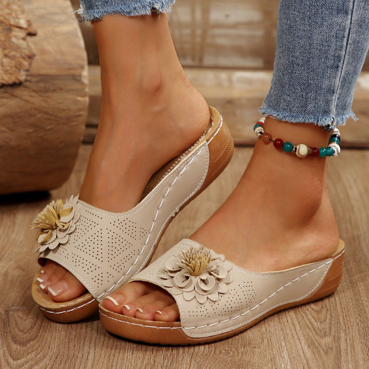 Women's Perforated Wedge Sandals as Slip-On with Flower Application and Padded Footbed Mune Fashion
