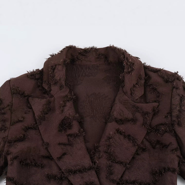Ladies double-breasted mid-length coat with fringe texture and waist belt Mune Fashion