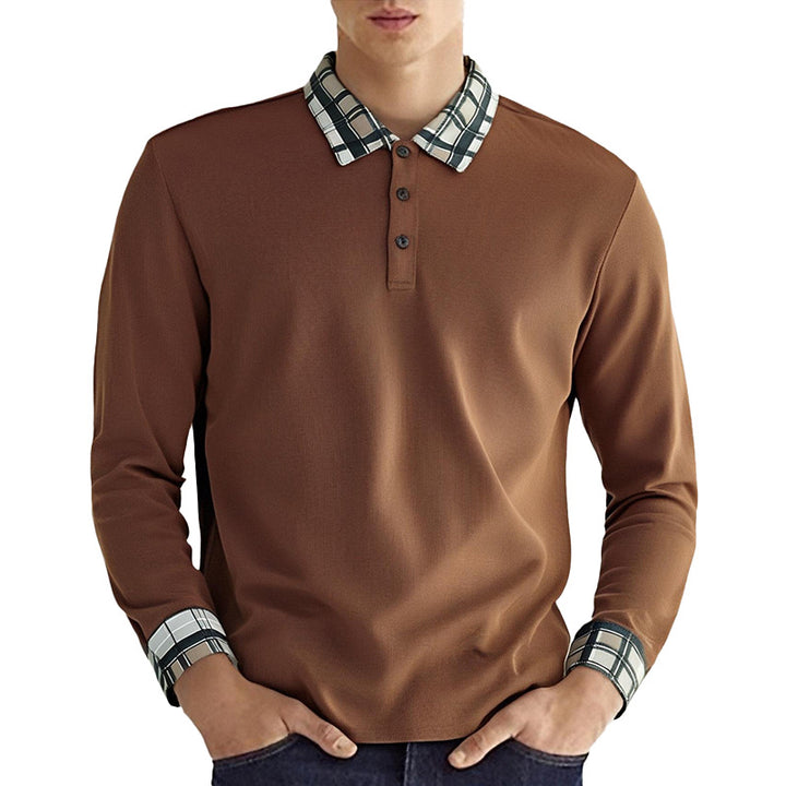 Men's figure-hugging long-sleeve polo shirt with checked collar and cuff trim Mune Fashion