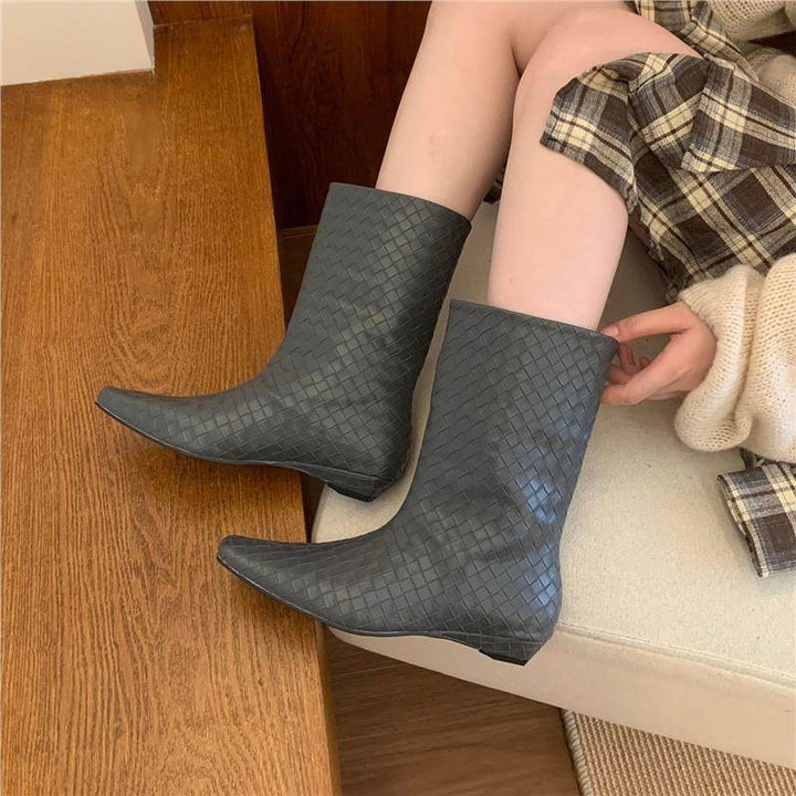 Women Braided Mid-Calf Boots with Pointed Toe Shape and Flat Block Heel Mune Fashion