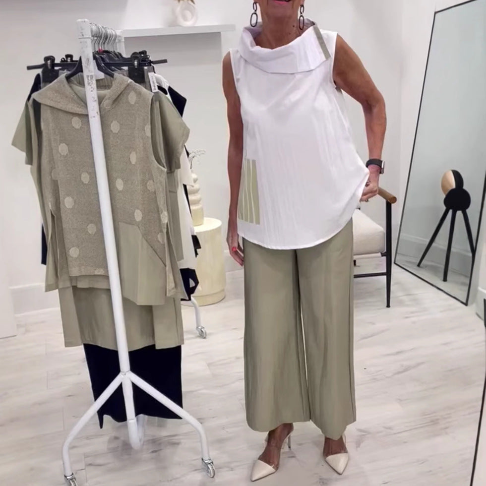 Women's sleeveless blouse top with wide shawl collar, relaxed A-line and side decorative yoke Mune Fashion