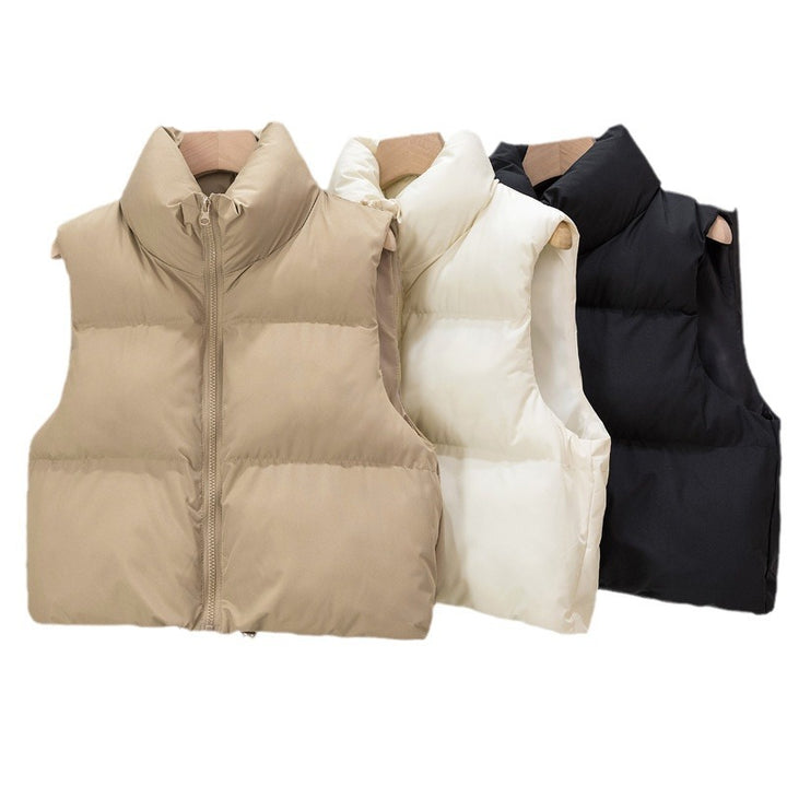 Women's Short Cut Quilted Down Vest with Stand-up Collar and Drawstring Mune Fashion