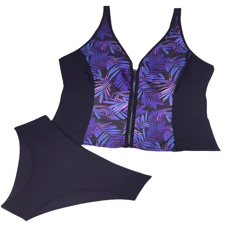 Women's sporty swimsuit with zipper and attractive leaf pattern Mune Fashion