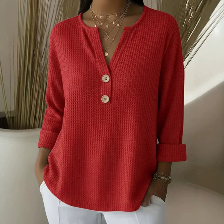 Women's waffle texture Henley shirt with V-neck, short button placket, and roll-up 3/4 sleeves Mune Fashion