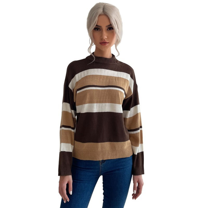 Women's Long Sleeve Striped Fine Knit Sweater with Short Stand-Up Collar and Casual Silhouette Mune Fashion