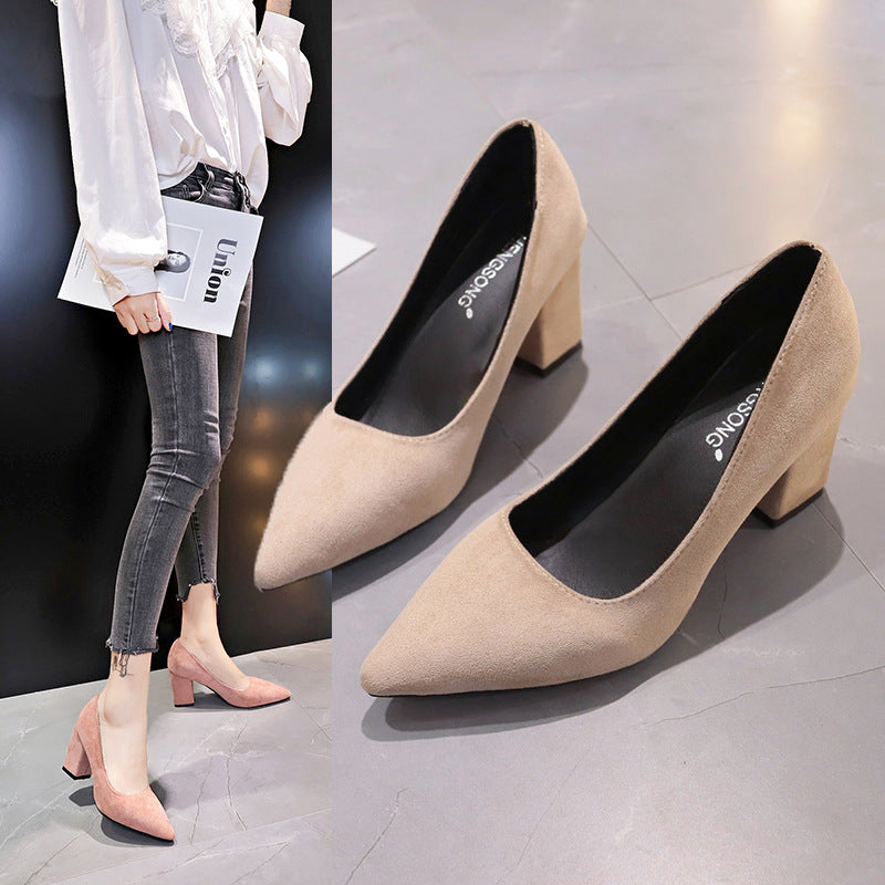 Women's Velvety Pointed Pumps with Mid-Height Geometric Block Heel Mune Fashion