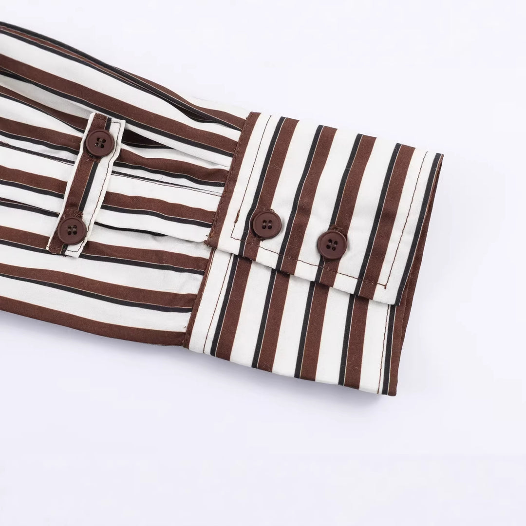 Women's Striped Cropped Blouse Jacket with Standing Collar, Asymmetrical Flap Pocket and Elastic Hem Mune Fashion