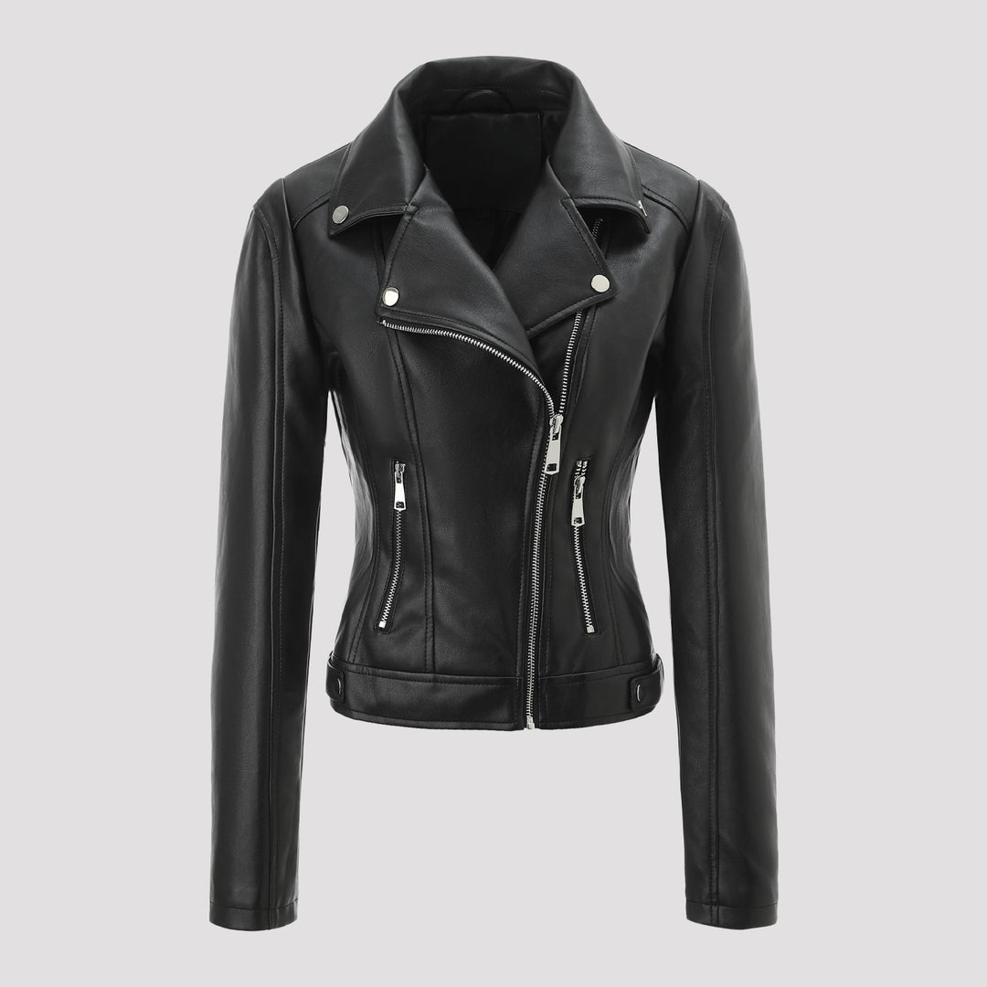 Women short fitted biker jacket made of Nappa leather with asymmetrical zipper Mune Fashion
