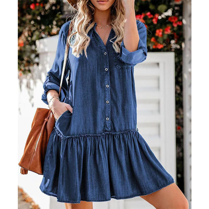 Ladies' casually falling denim shirt dress with ruffle tier and patch pockets Mune Fashion