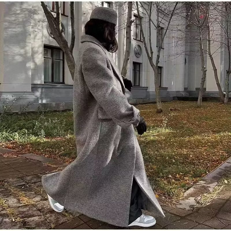 Women's extra long oversized wool blend coat with shawl collar, double-breasted button placket, and patch pockets Mune Fashion