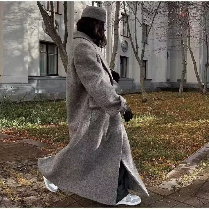Women's extra long oversized wool blend coat with shawl collar, double-breasted button placket, and patch pockets Mune Fashion