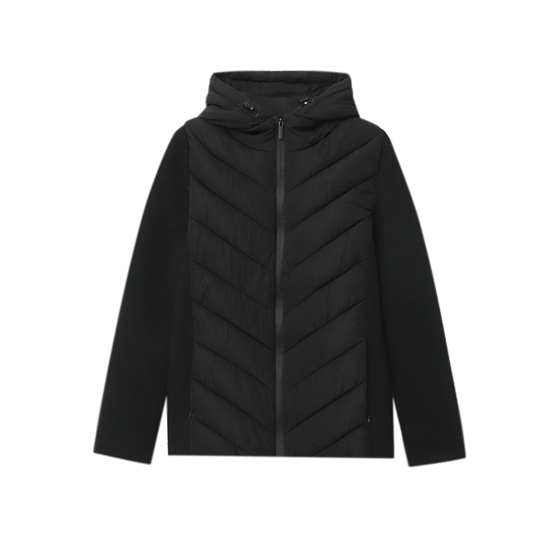 Women's quilted hybrid jacket with hood, chevron quilting and elastic softshell sleeves Mune Fashion