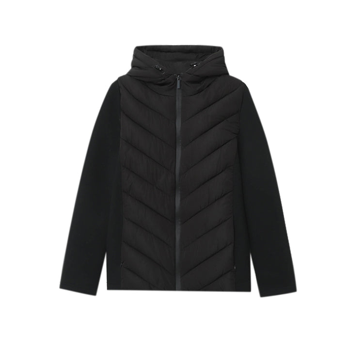 Women's quilted hybrid jacket with hood, chevron quilting and elastic softshell sleeves Mune Fashion