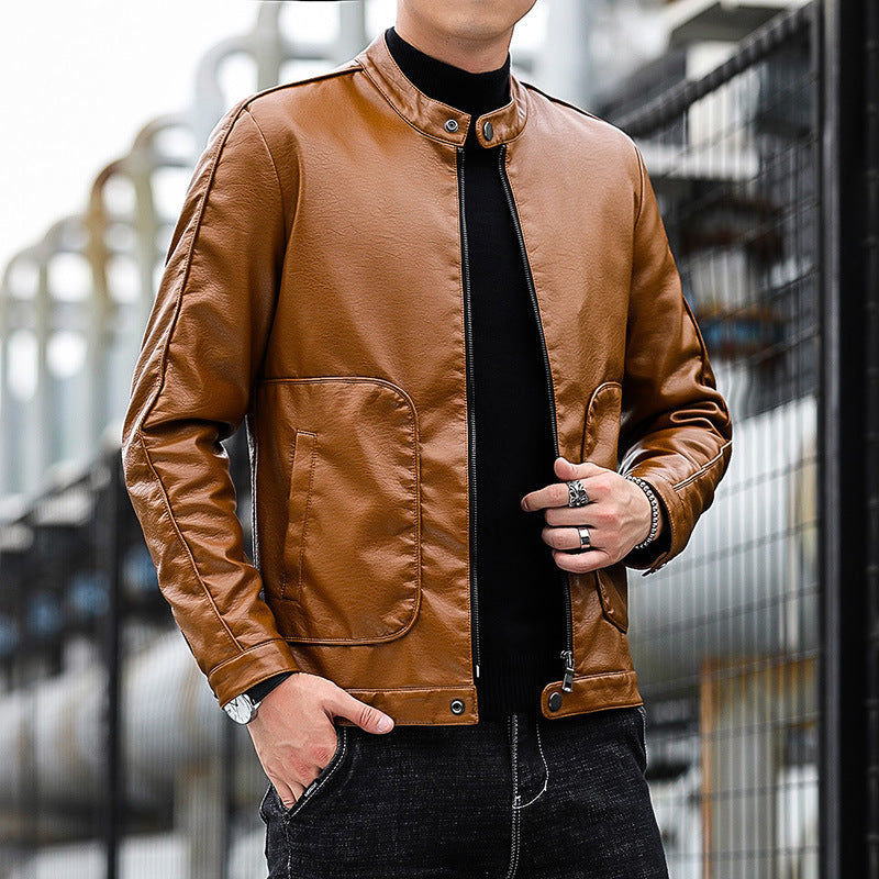 Men's Faux Leather Blouson with Stand Collar, Zipper and Patch Pockets Mune Fashion