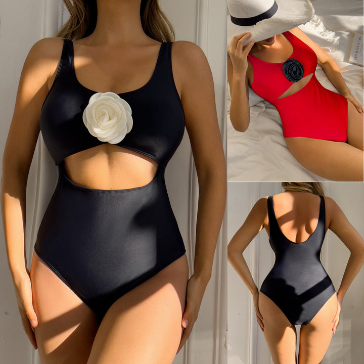 Women’s One-Piece Swimsuit with Fashionable Cut-Out and Decorative Flower Mune Fashion