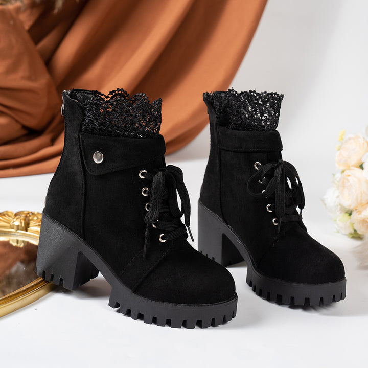 Women's lace-up ankle boots with chunky sole, mid-high block heel and pointed collar Mune Fashion