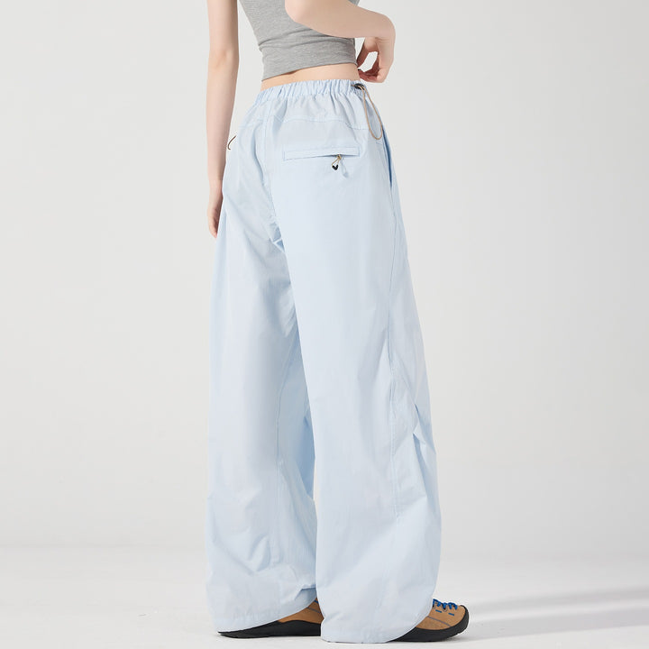 Women's Wide Nylon Baggy Pants with Elastic Drawstring Waistband & Utility Pockets Mune Fashion