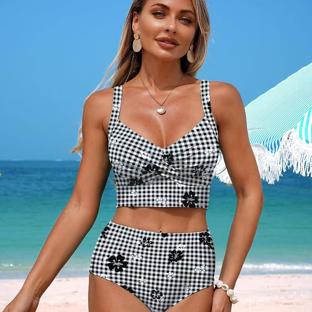 Women High-Waisted Bikini Set with Fashionable Check Pattern and Floral Accents Mune Fashion