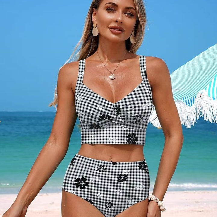 Women High-Waisted Bikini Set with Fashionable Check Pattern and Floral Accents Mune Fashion