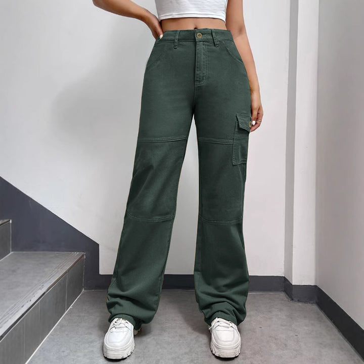 Women's High-Waisted Cargo Palazzo Pants with Seam Segments and Side Flap Pocket Mune Fashion