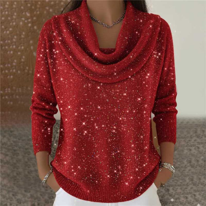 Women's shimmering knit sweater with waterfall collar, fine glitter structure and slim hem Mune Fashion