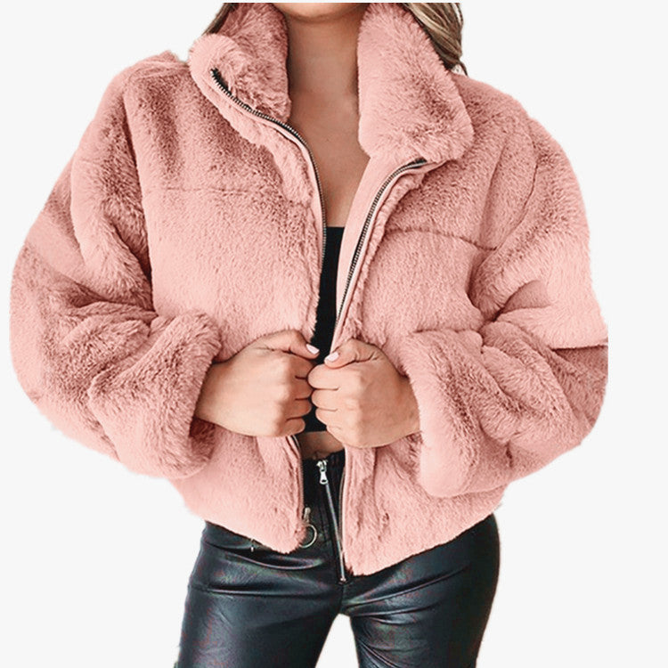Women nan short cozy faux fur jacket with stand-up collar and zipper Mune Fashion