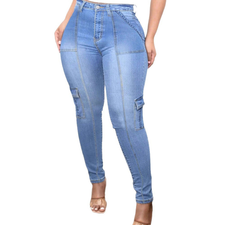 Women's High-Waist Skinny Jeans with Cargo Pockets and Sculpting Seam Design Mune Fashion