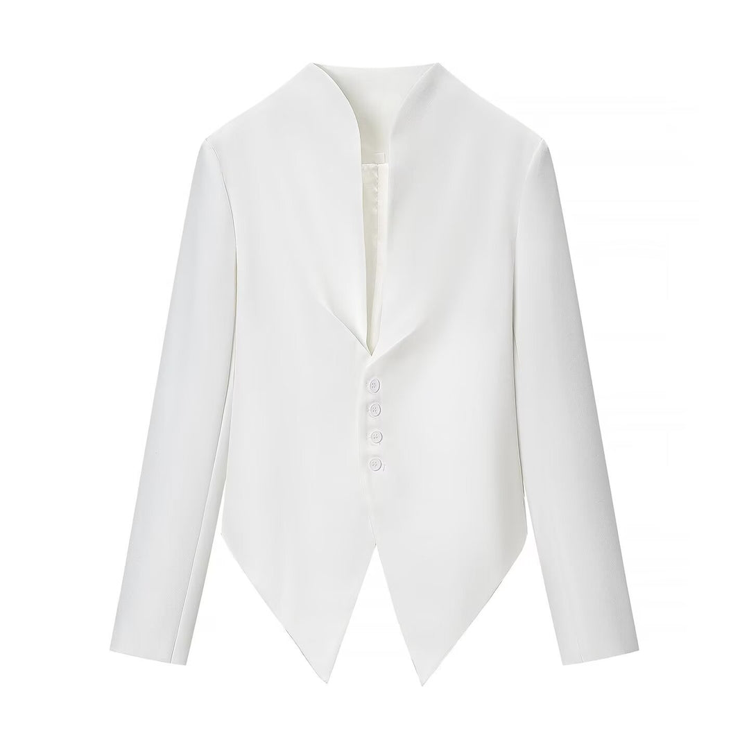 Women's Asymmetrical Cropped Blazer with Pointed Hem and Stand-Up Collar Mune Fashion