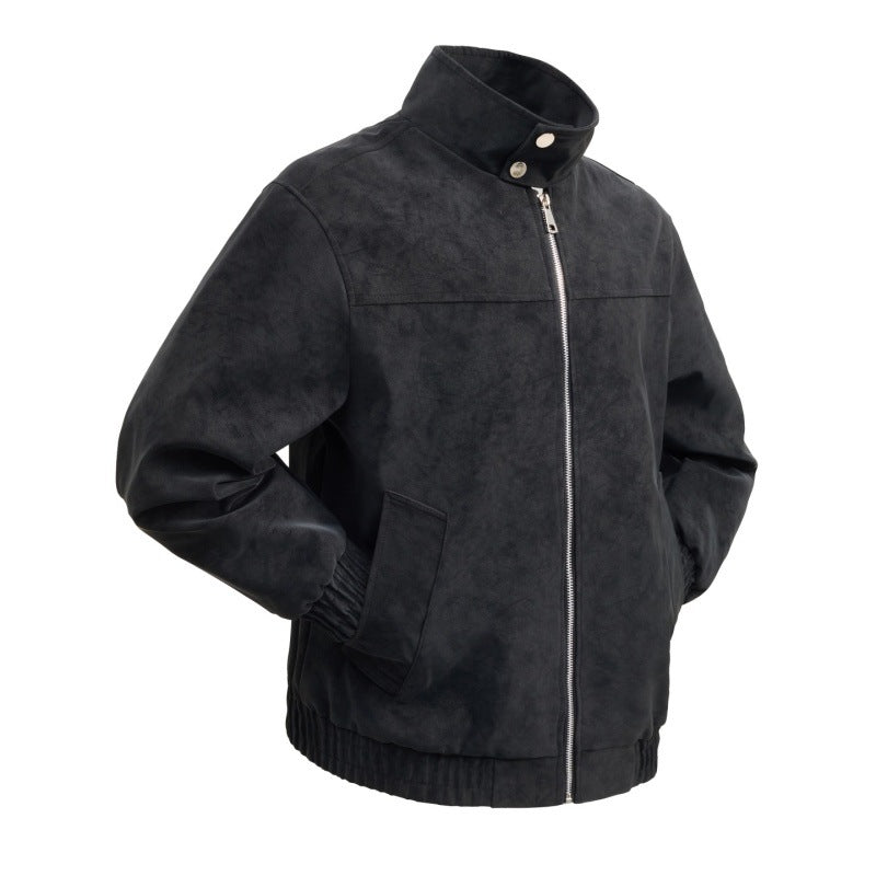 Men's short velour imitation blouson with high stand-up collar, metal zipper, and elastic hem Mune Fashion