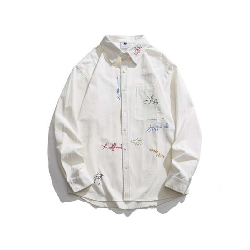 Men's Loose Button-Down Shirt with Multicolored Embroidery and Chest Pocket Mune Fashion