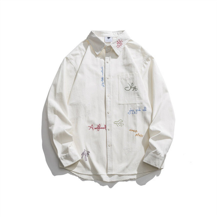 Men's Loose Button-Down Shirt with Multicolored Embroidery and Chest Pocket Mune Fashion