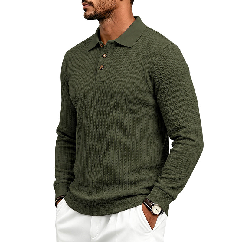 Men's Structured Long Sleeve Polo in Fine Knit with Cable Pattern and Button Placket Mune Fashion
