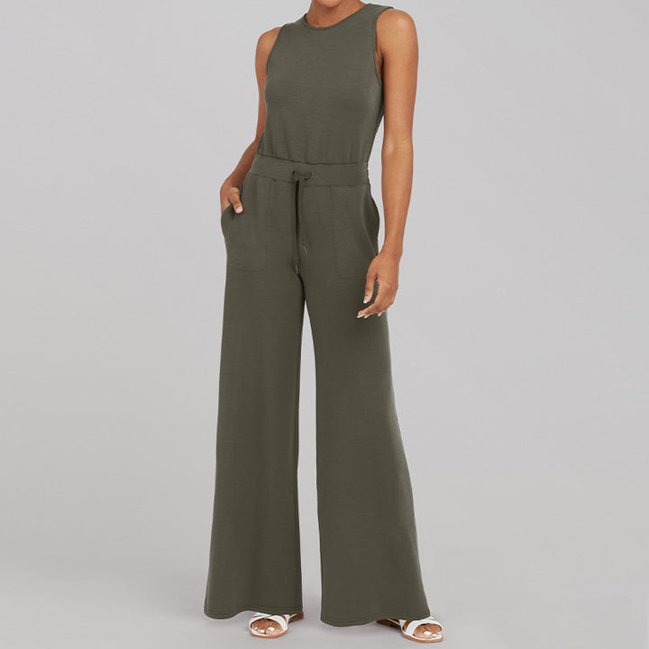 Women's sleeveless knitted jumpsuit with wide palazzo legs, drawstring waistband, and patch pockets Mune Fashion