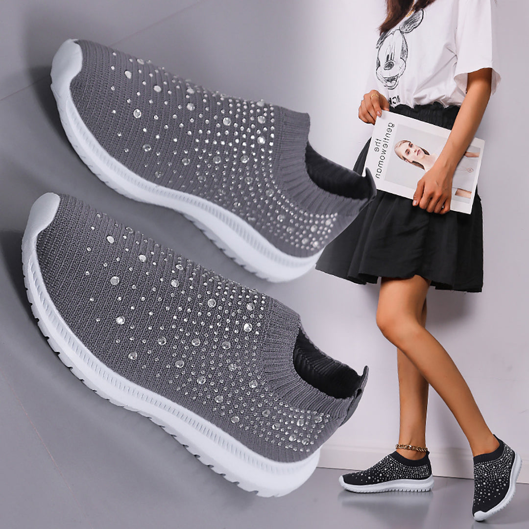 Women’s knitted slip-on sneakers with rhinestone accents, elastic shaft, and shock-absorbing EVA sole Mune Fashion