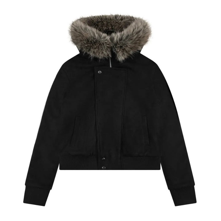 Women's short lambskin look bomber jacket with voluminous hood trim and thumb hole cuffs Mune Fashion