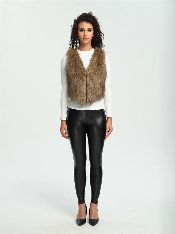 Women's Cropped Faux Fur Vest with Natural Shaggy Texture and V-Neck Mune Fashion