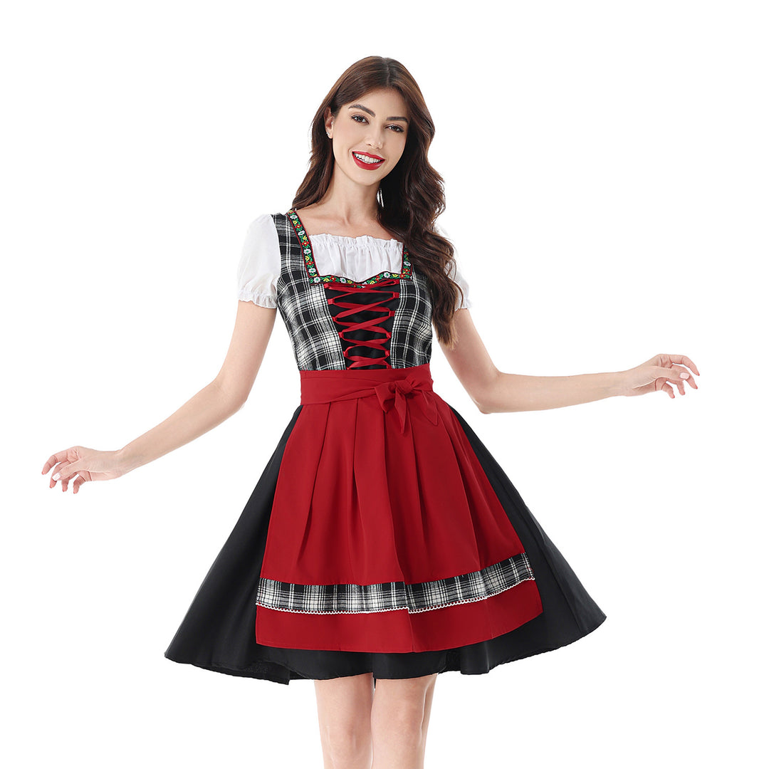 Ladies traditional Dirndl dress with checkered bodice and quilted apron Mune Fashion