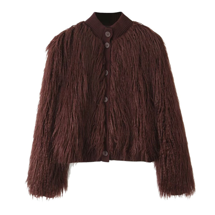 Women Short Cut Shaggy Faux Fur Cardigan with Ribbed Collar and Button Placket Mune Fashion