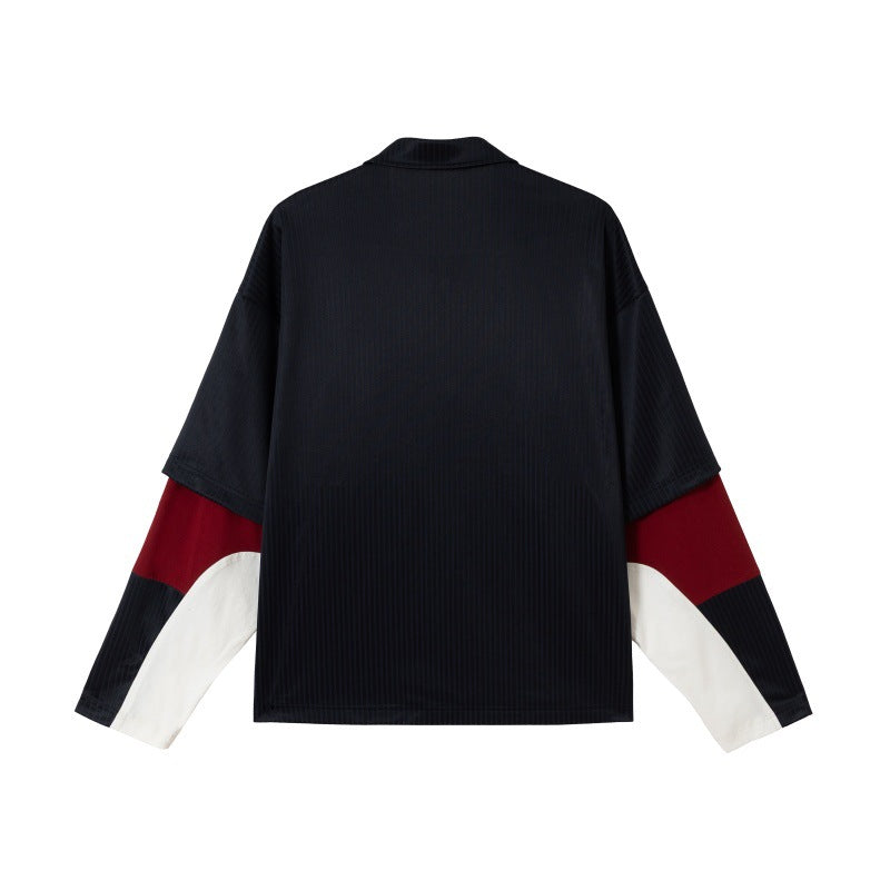 Unisex Long Sleeve Rugby Polo in Oversized Cut with Colorblock Sleeves and Logo Embroidery Mune Fashion