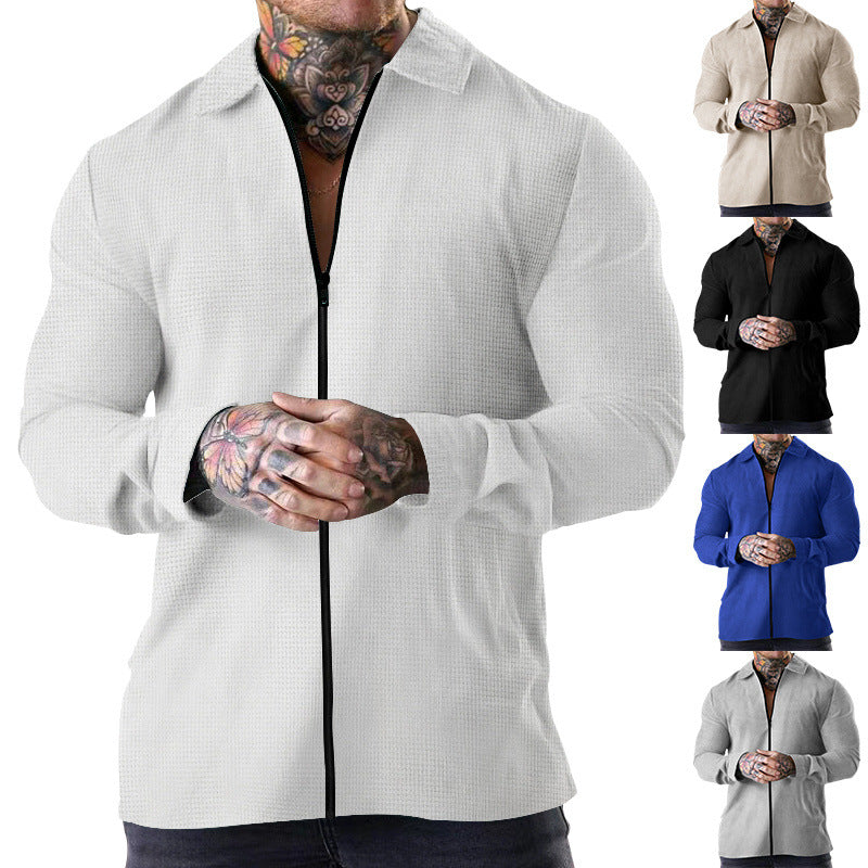 Men's structured long-sleeve shirt jacket with concealed half-zip, Kent collar, and light waffle texture Mune Fashion
