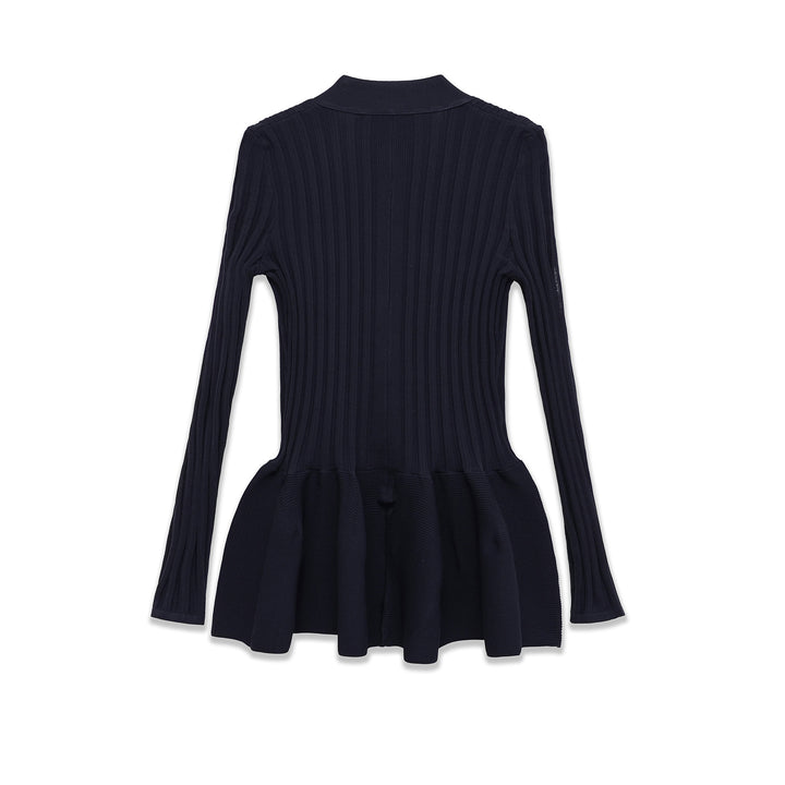 Women's ribbed knit cardigan with shawl collar, fitted flounce hem and button placket Mune Fashion