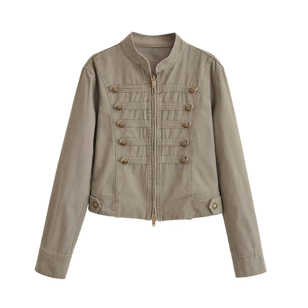 Women's short jacket in army look made of cotton twill with stand-up collar and decorative decorative straps Drune