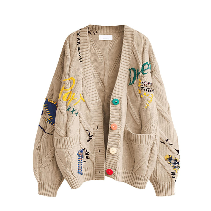 Women's Stylish Knitted Cardigan with Colorful Buttons and Elaborate Design