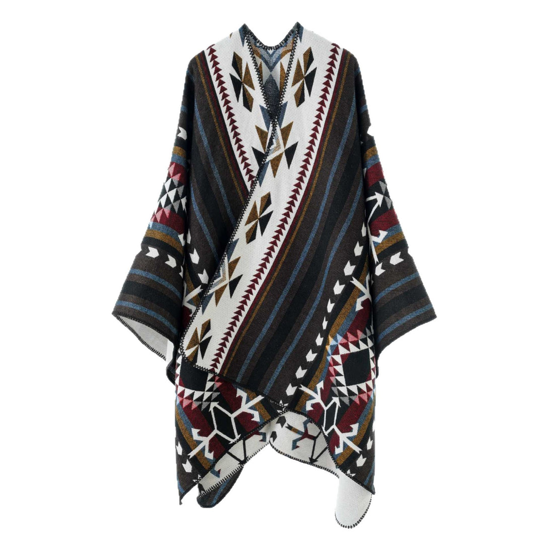 Women Oversize Jacquard Wrap Poncho with Geometric Aztec Pattern Mune Fashion