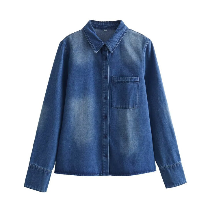 Women's light vintage denim blouse in relaxed fit with patch breast pocket and continuous button placket Mune Fashion